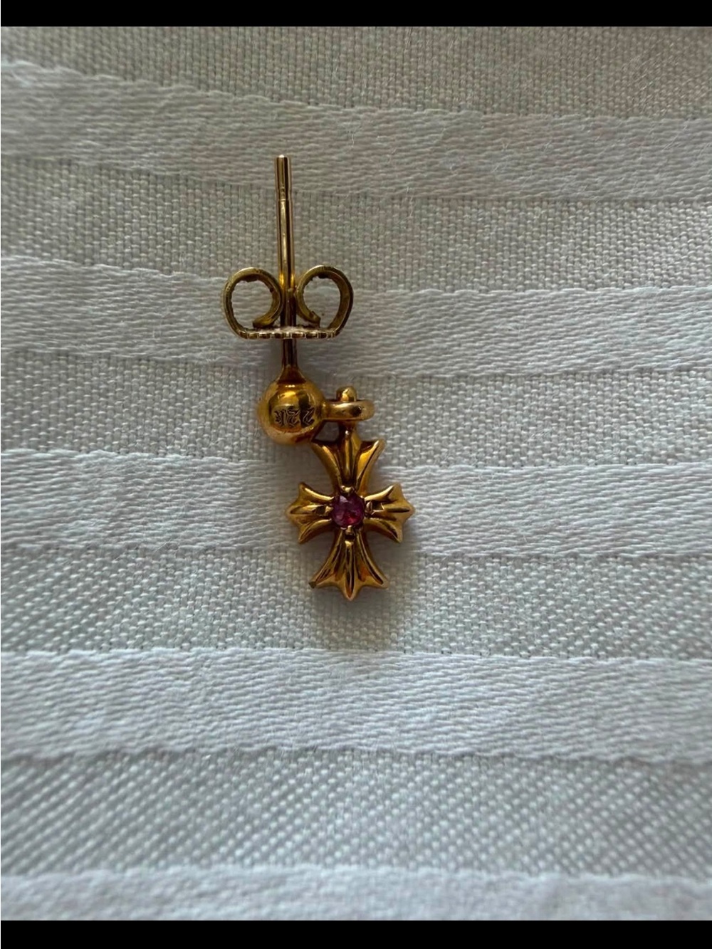 Chrome Hearts Gold Cross Earring with Pink Stone - Women Jewelry